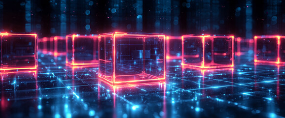 Obraz premium Neon dark blue background. Abstraction. Neon 3D cubes with neon faces and transparent sides are depicted. 3D rendering. Colorfull. 