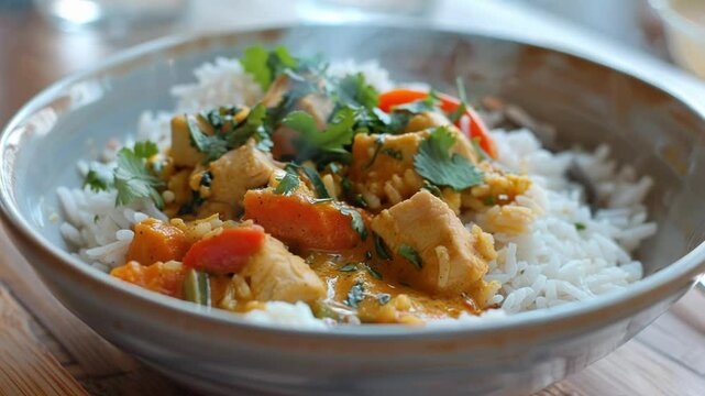 Steaming chicken curry with rice, coriander, and veggies on a wooden table. Aromatic blend of indian and asian flavors, perfect for a tasty meal