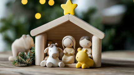 A charming Christmas nativity scene with wooden figurines depicting Mary, Joseph, baby Jesus, a cow, and a lamb in a stable.