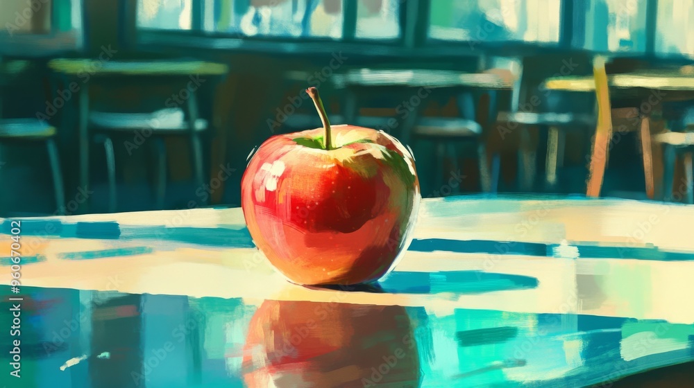 Poster the red apple is displayed on the classroom table, with a copy space. back to school learning concep