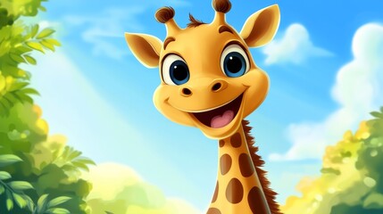 Happy cartoon giraffe animal with long neck, cute African safari animal poster, zoo, nature, kid birthday greeting card.