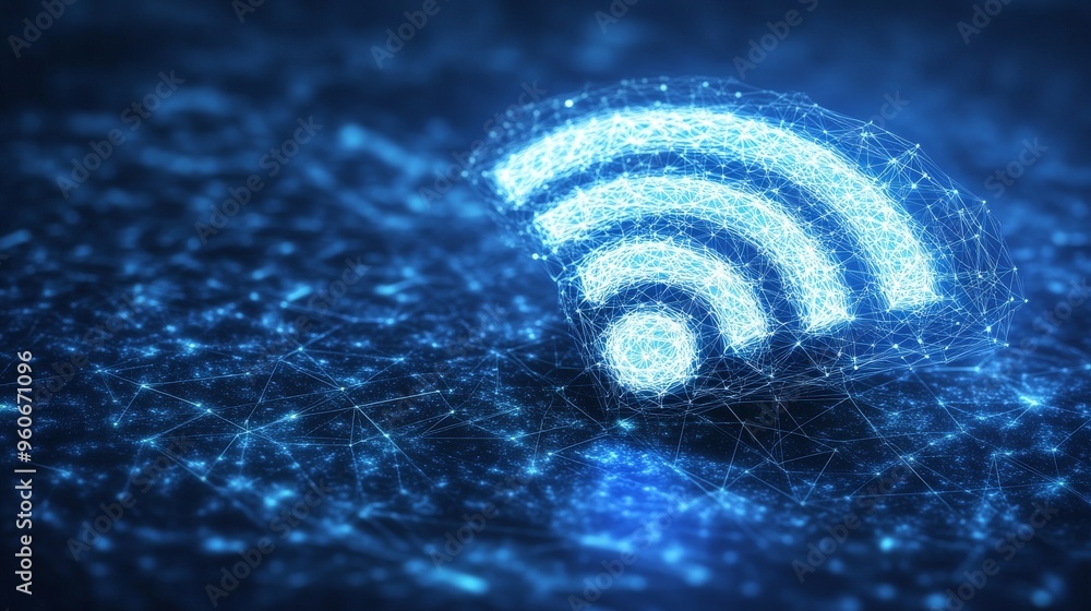 Poster this is a blue glowing wi-fi symbol with wireframe mesh. it represents internet network digital conn