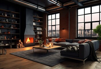 Modern office interior in loft, industrial style, 3d render