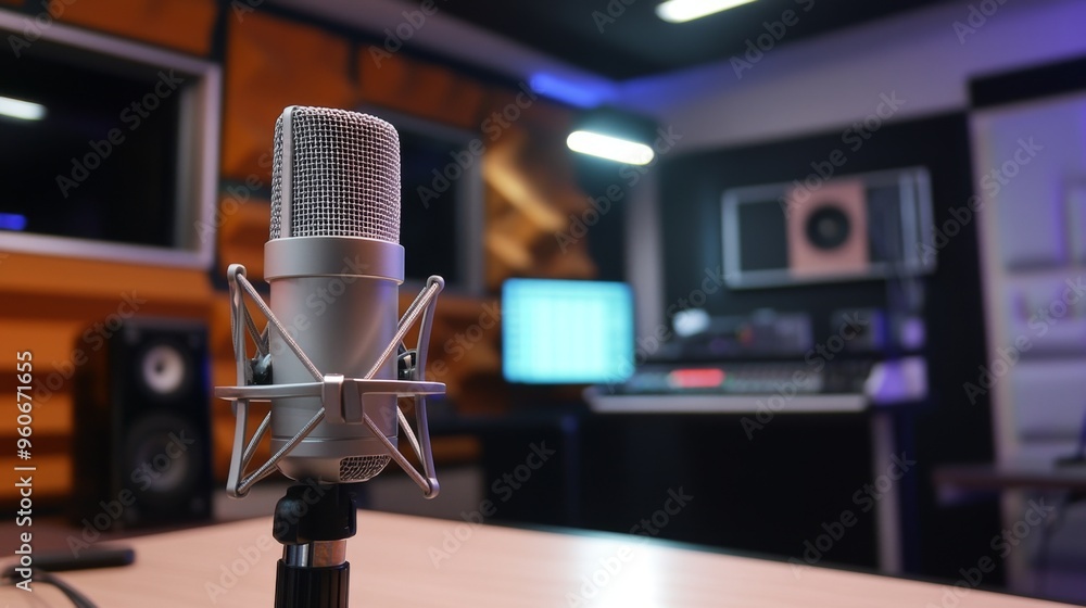Aufkleber an elegant studio setup featuring a high-quality condenser microphone on a desk, with soundproofing 