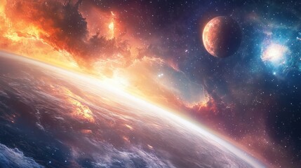 Obraz premium A celestial landscape with a planet, a moon, and colorful nebulae