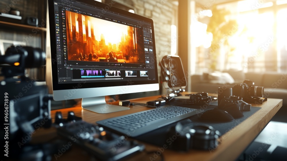 Poster on a wooden desk or table, daytime work, a computer monitor is displayed along with speakers and vid