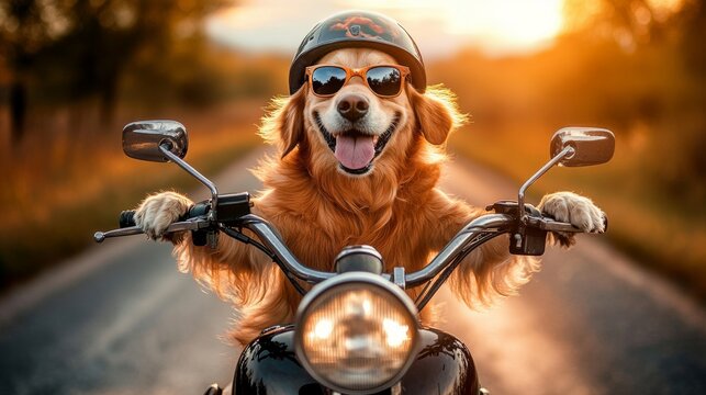 The best dog in the world wearing sunglasses, driving a motorcycle chopper outdoors in the summer sun