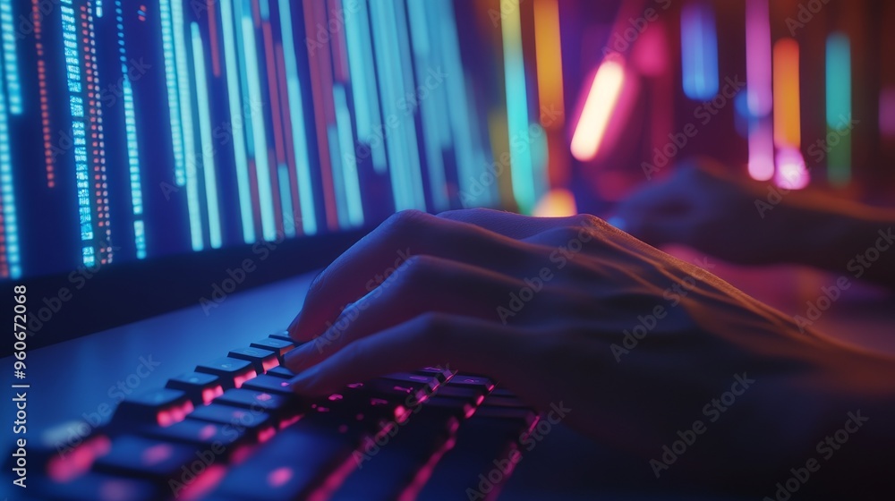 Poster an occupation worker at the web development profession is typing on a laptop, blue digital codes are