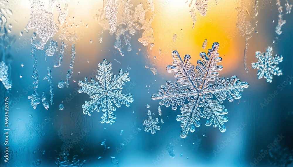 Poster a single snowflake adorned on a frosted window pane