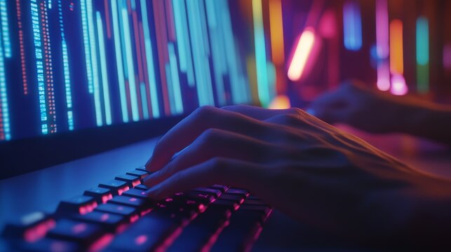 An occupation worker at the web development profession is typing on a laptop, blue digital codes are shown, binary html text and numbers, and a coder at his work desk.