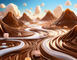 A surreal landscape made of dessert elements, with chocolate mountains, caramel rivers, and