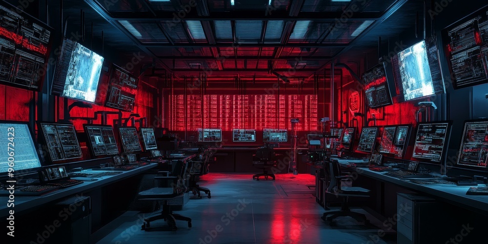 Poster red-lit computer room with rows of monitors.