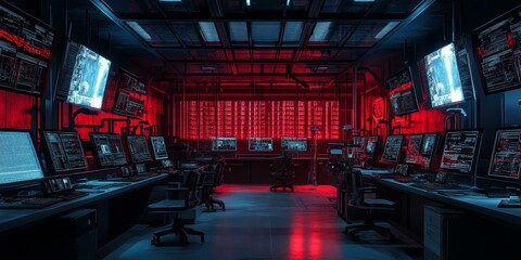 Red-lit computer room with rows of monitors.