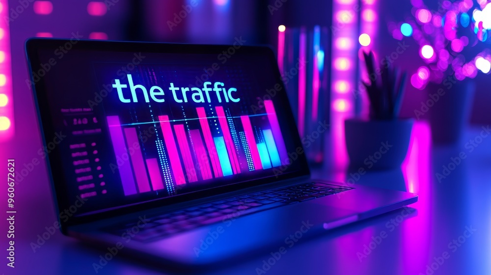 Poster an image of a laptop or notebook device showing colorful traffic metrics, graphs, and analytics, as 