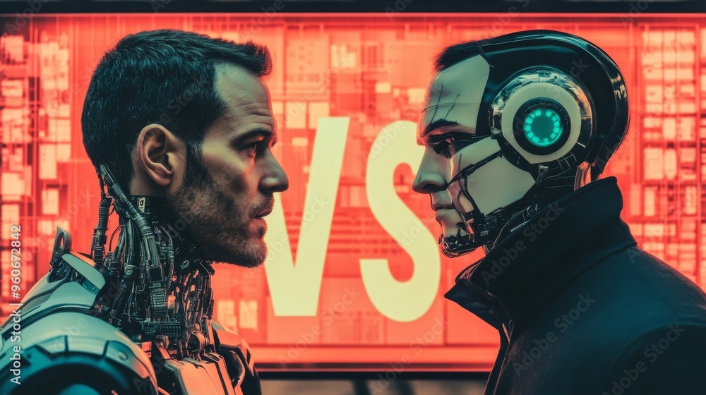 Poster invisible man stands at the edge of a robot. humanity versus ai or stock futuristic technology. comp