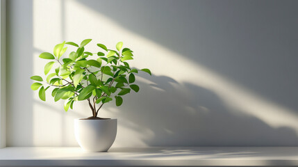A potted plant sits on a white shelf, basking in sunlight streaming through a nearby window, creating a serene and minimalist scene.