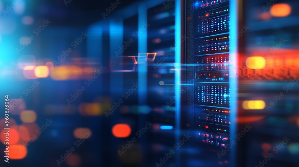 Poster flowing information through the data center storage in blue and orange. cloud computing computers an