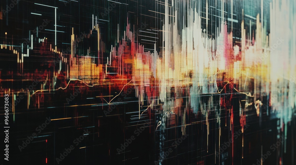 Poster Abstract digital art with colorful lines and dots on a black background