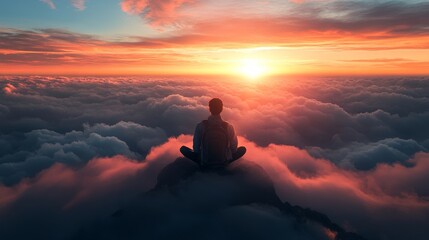 Obraz premium During a hike, a man wearing a backpack sits on a rocky mountain peak and watches the horizon sunset or sunrise over clouds. Extreme nature adventure, hiking activity, and success during a journey.