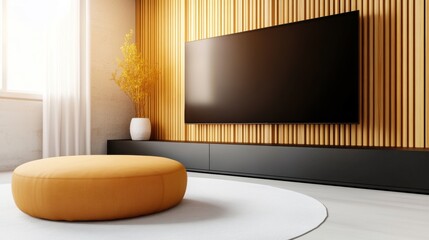 A television mounted on the wall in a room with white walls and yellow accents, AI