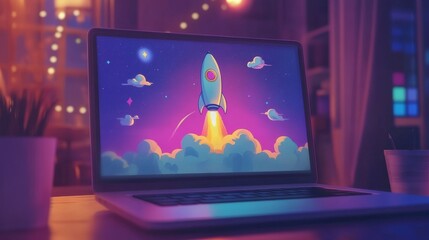 Launching a rocket from a laptop on an office table to fly away in the air. Business startup new idea development, internet marketing strategy growth, future product progress on a website, power