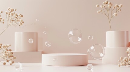 Blank podiums with bubble decorations on a light background for cosmetic promotions.