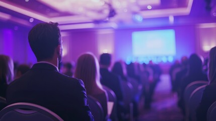 A back view of an audience at a conference or seminar with a large display screen showing video presentations, indicating business education. Corporate workers and employees, training staff.