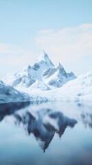 A cinematic still of snow-covered mountains reflecting in the calm waters, creating an ethereal and serene atmosphere