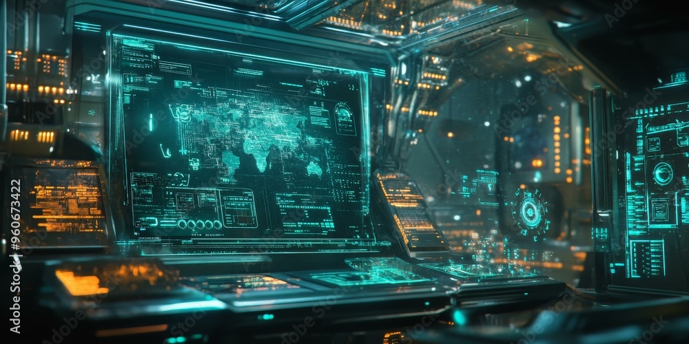 Poster futuristic control panel with world map display.