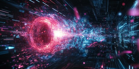 A digital tunnel with pink and blue lights.