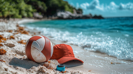 Volleyball, a baseball cap and a whistle on the white sand beach. Abstraction.  Colorfull. Text...