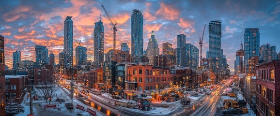 Cityscape with vibrant sunset sky and snow covered streets