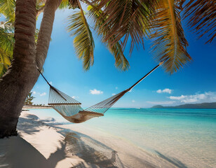 A tropical beach with crystal-clear waters, palm trees swaying, and a hammock gently rocking