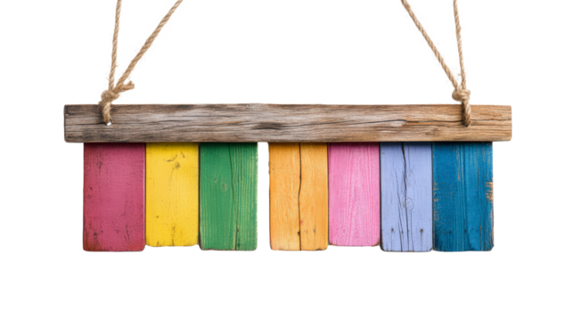 A rustic wooden hanging sign featuring vertical colorful wooden planks in red, yellow, green, pink, blue, and purple, suspended by twine.