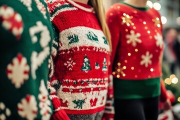 Friends are celebrating a Christmas party in ugly sweaters. Dress up people in beautiful and varied sweaters