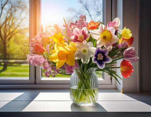 A vibrant spring bouquet of fresh flowers arranged in a glass vase on a sunlit windowsill, s