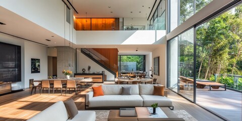 Modern living room with large windows and a white couch.