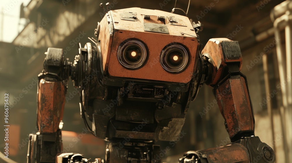 Poster a close-up side view of a mechanical cyborg robot ai stock machine with blue eyes, in sci-fi science
