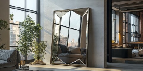 Modern loft apartment with large windows and a geometric mirror.