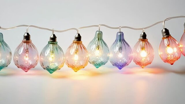 Colorful retro string lights on white background create a cozy, festive atmosphere, perfect for christmas or any decor