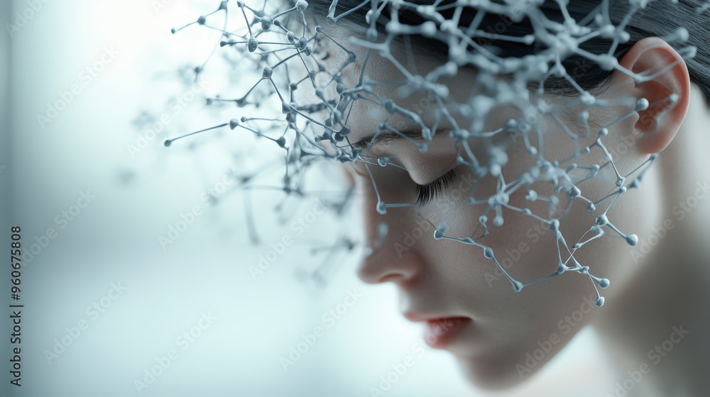 Poster a woman with a contemplative expression wears an intricate network of interconnected nodes on her he
