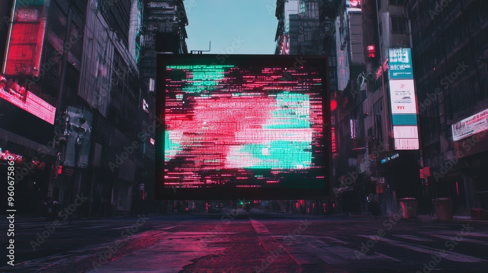 Poster tv noise glitch effect in red and blue colors. grungy old digital vhs pixel with bad signal, static 