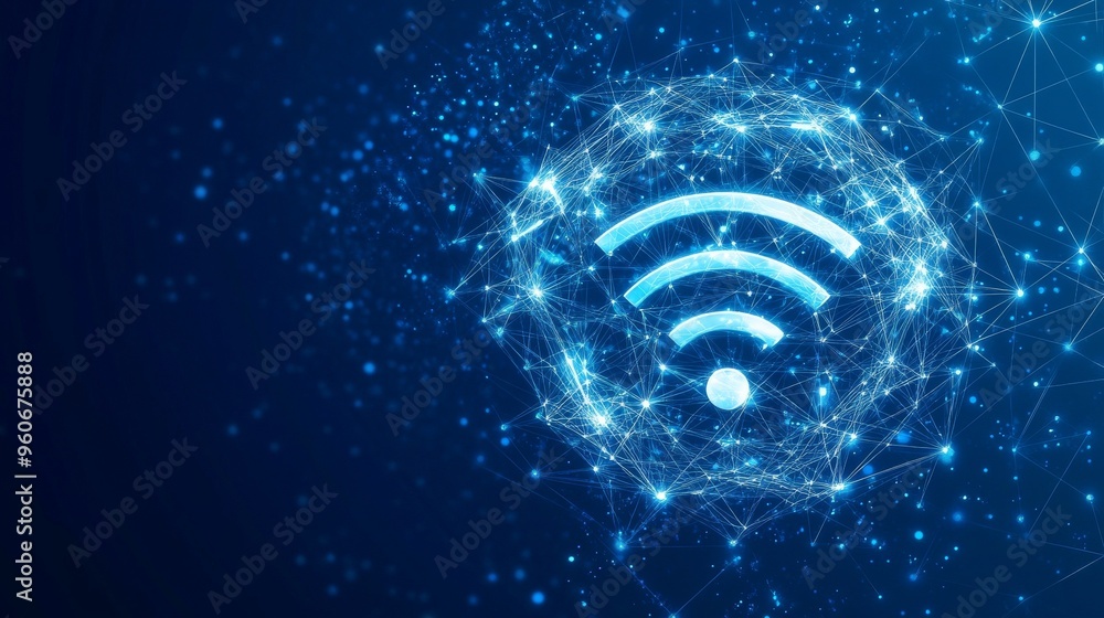 Poster a blue glowing wi-fi symbol with a wireframe mesh. digital connection access, web technology signal,