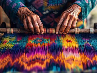 Ikat weaving in progress, a skilled artisan’s hands working on a traditional loom, brightly colored threads partially dyed with intricate patterns