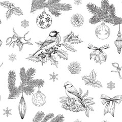 Christmas Vintage seamless pattern with tit birds fir twig mistletoe bells balls bows snowflakes Hand drawn Vector background for design holidays package, paper, new year decor Black white. Monochrome