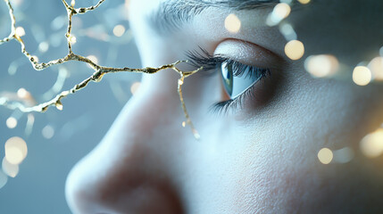 A close-up of a person's eye, surrounded by abstract golden lines and glowing orbs, creating a dreamy and mystical atmosphere.