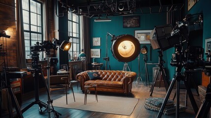 Naklejka premium Film Studio Interior with Cameras and Lighting
