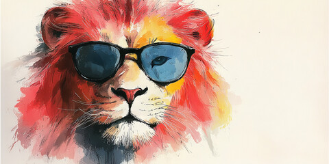 A watercolor illustration of a lion wearing sunglasses, looking cool and stylish.