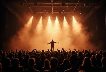 Music festival with a crowd of people celebrating a live concert performance under dramatic stage lighting and smoke effects at night