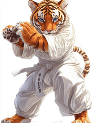 Tiger in a Karate Uniform Posing in a Martial Arts Stance
